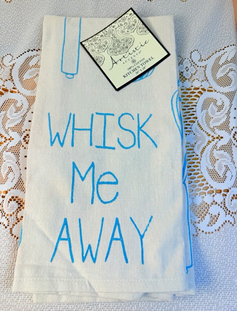 Artistic Accents 100% Cotton Kitchen/Tea Towels Set of 2 Whisk White Blue 20x28